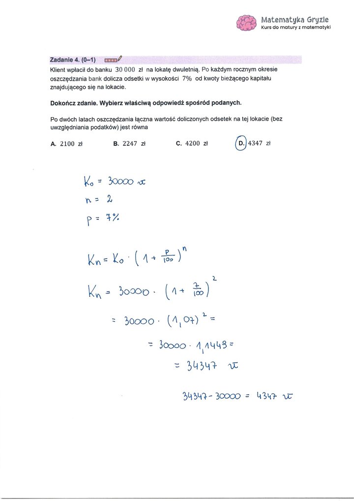 Zadanie z matury z matematyki (4) z rozwiązanym zadaniem na procent składany i obliczanie odsetek z lokaty.