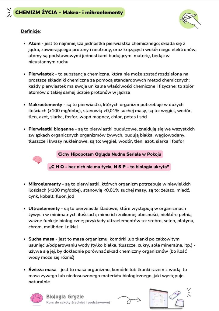 Definicje makroelementów mikroelementów ultraelementów biogennych atom pierwiastek sucha świeża masa chemizm życia biologia notatki
