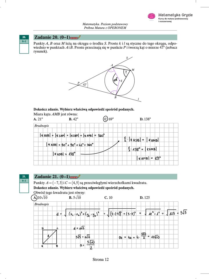 Zdjęcie kartki papieru z odręcznymi rozwiązaniami zadań z próbnego egzaminu maturalnego z matematyki Operon (poziom podstawowy). Widoczne wzory, obliczenia i zaznaczone wyniki.