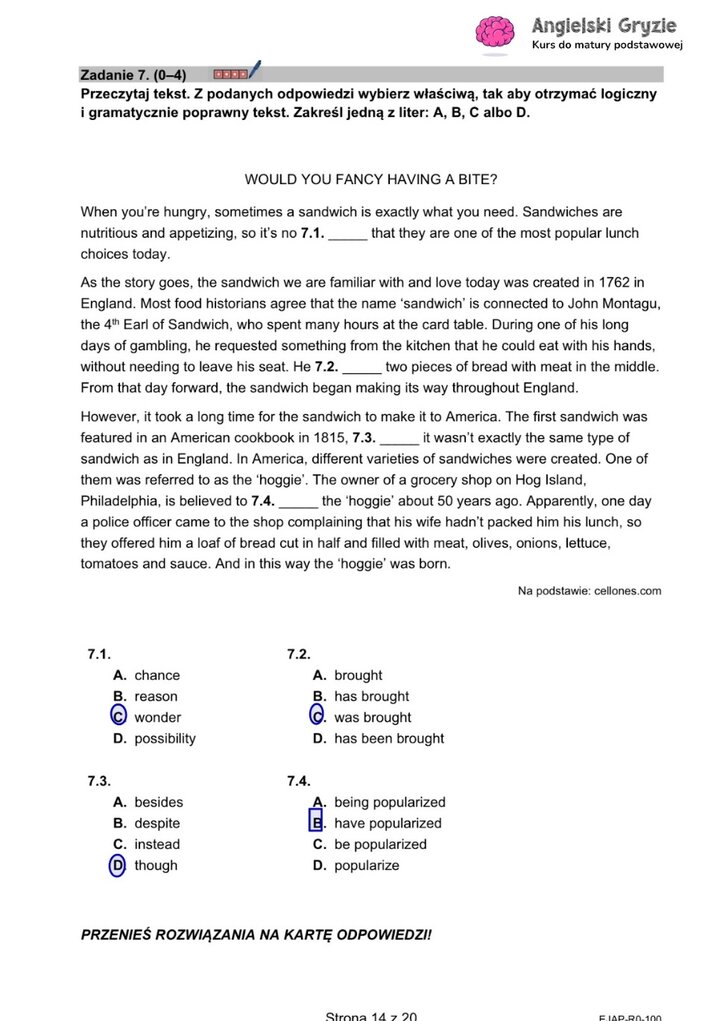Fragment arkusza maturalnego z języka angielskiego – zadanie na dopasowywanie odpowiednich słów do luk w tekście .