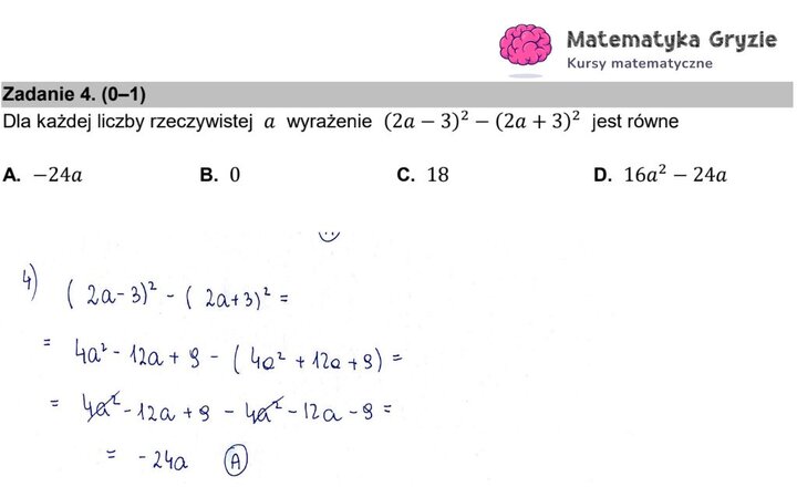Fragment arkusza maturalnego z matematyki podstawowej - zadanie z zastosowaniem wzorów skróconego mnożenia.