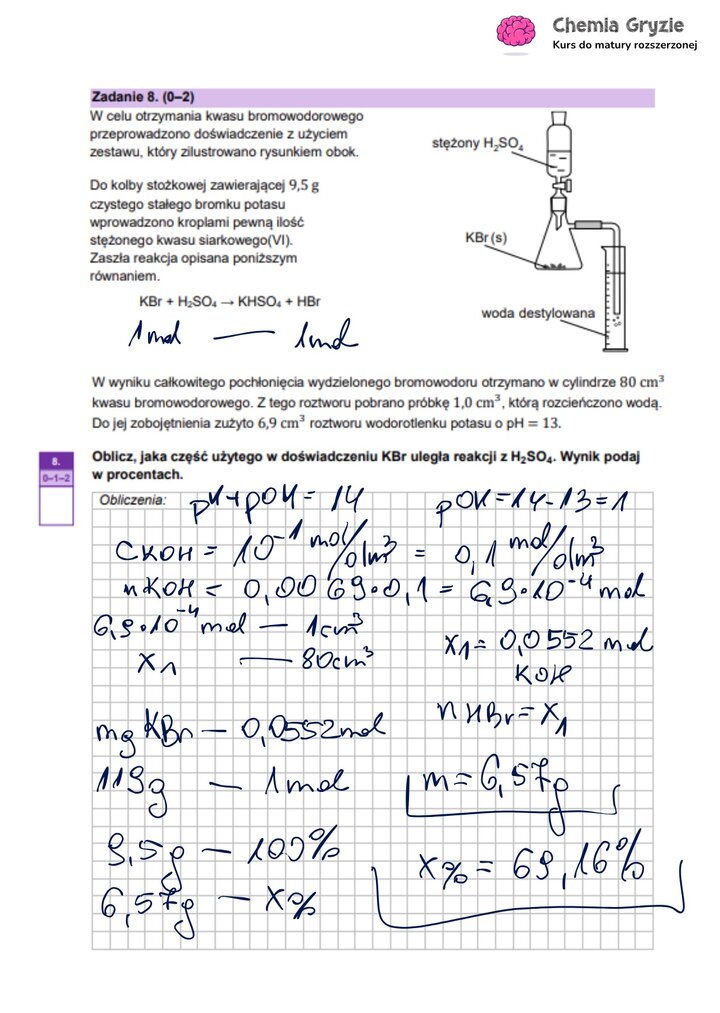 Zadanie maturalne z chemii (8) ze schematem zestawu do otrzymywania HBr i obliczeniami stechiometrycznymi na podstawie miareczkowania.