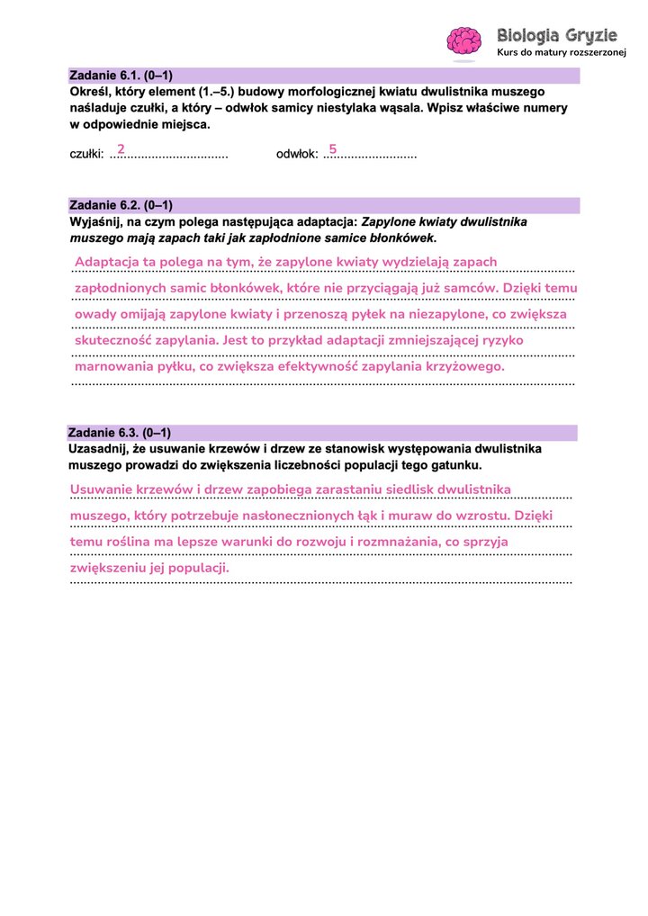 Fragment arkusza maturalnego z biologii - zadanie dotyczące budowy morfologicznej kwiatu.