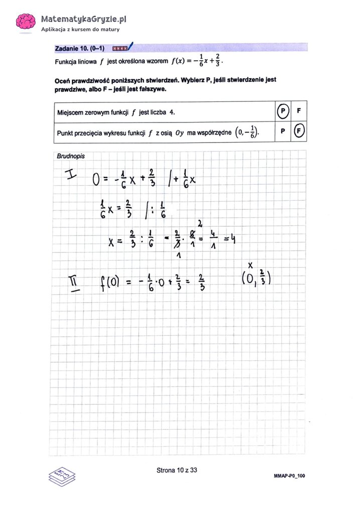 Fragment arkusza maturalnego z matematyki podstawowej - zadanie z wyznaczaniem miejsca zerowego funkcji liniowej.