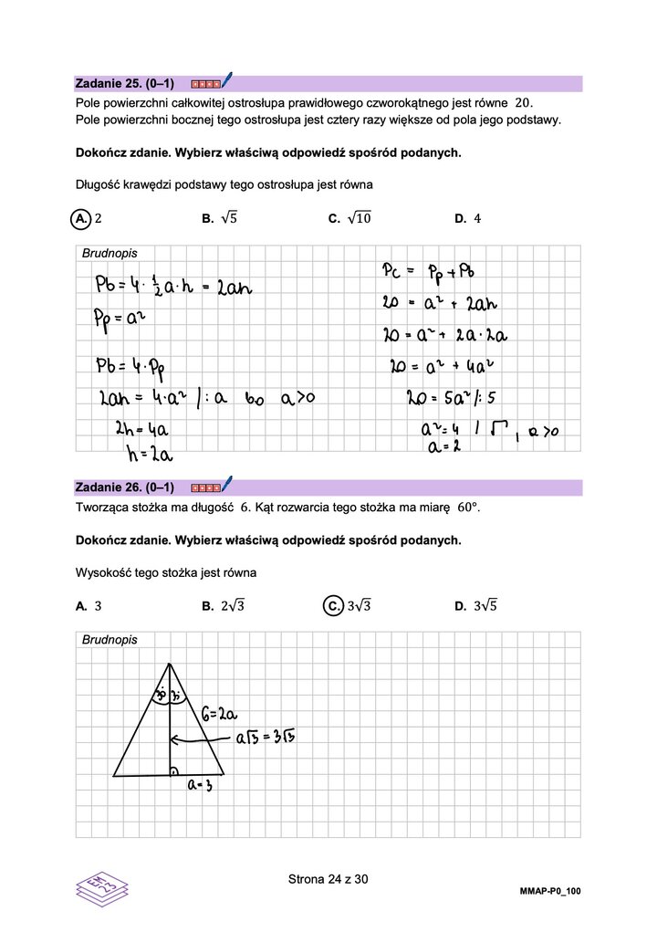 Fragment arkusza maturalnego z matematyki podstawowej - zadanie ze stereometrii, obliczanie długości krawędzi podstawy ostrosłupa.