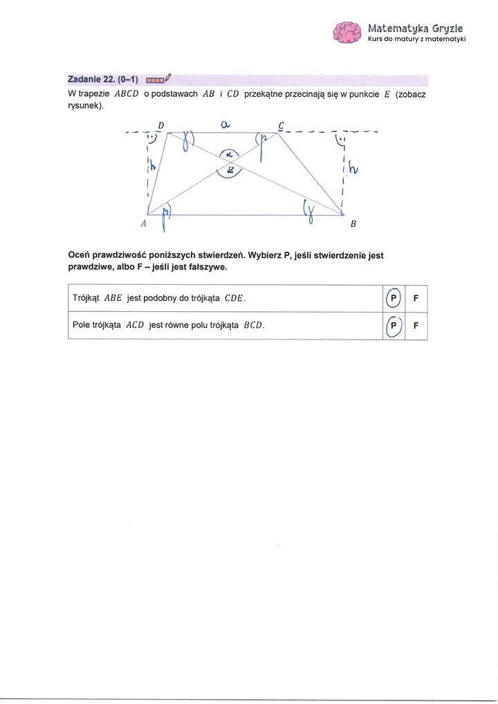 Zadanie z matury z matematyki (22) z rozwiązaniem zadania dotyczącego własności trójkątów w trapezie.