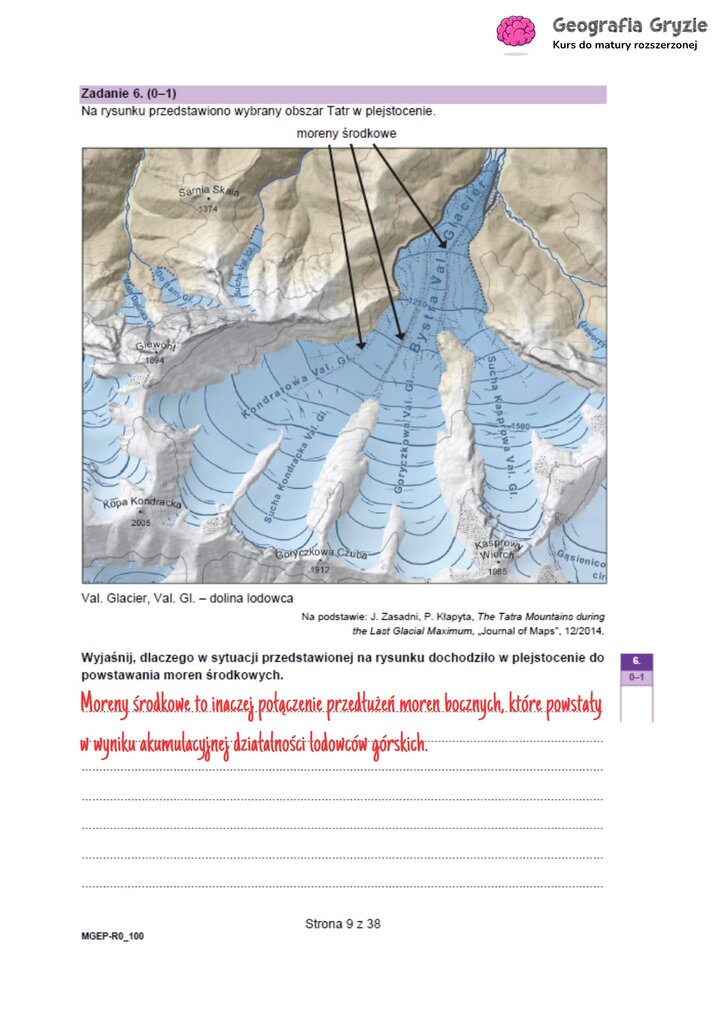 Zadanie maturalne z geografii z rysunkiem lodowców Tatr w plejstocenie, pokazującym tworzenie się moren środkowych.