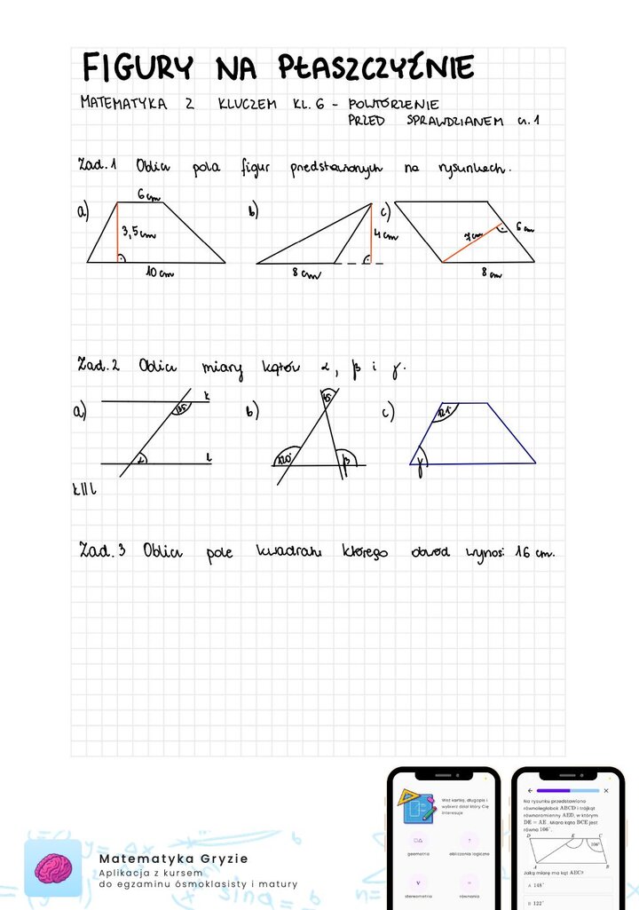 Zadania na sprawdzian matematyka z kluczem klasa 6 - figury na płaszczyźnie