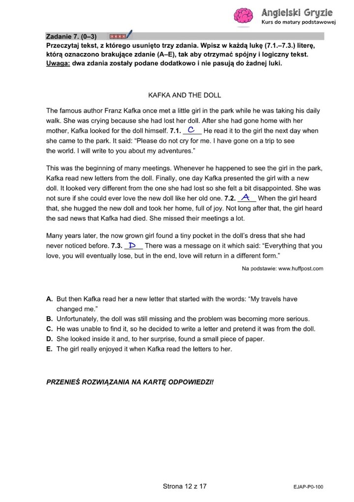 Fragment arkusza maturalnego z języka angielskiego – zadanie na dopasowywanie brakujących zdań w tekście.