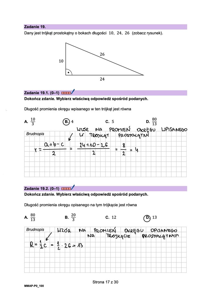 Fragment arkusza maturalnego z matematyki podstawowej - zadanie z rysunkiem trójkąta prostokątnego.