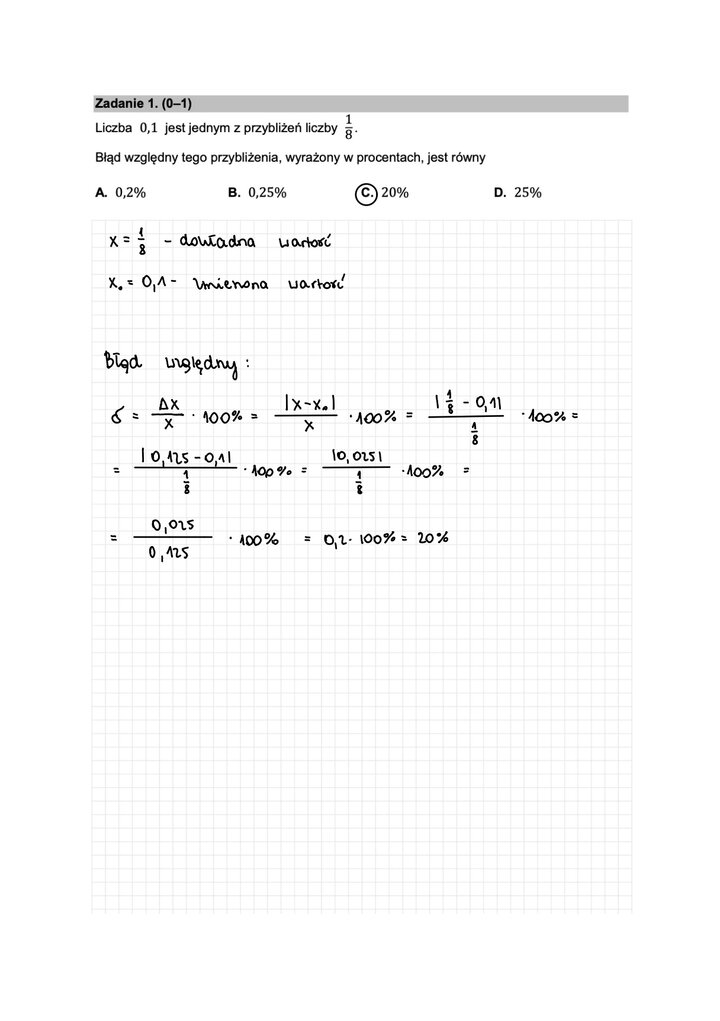 Fragment arkusza maturalnego  z matematyki podstawowej - zadanie na obliczenie błędu względnego.