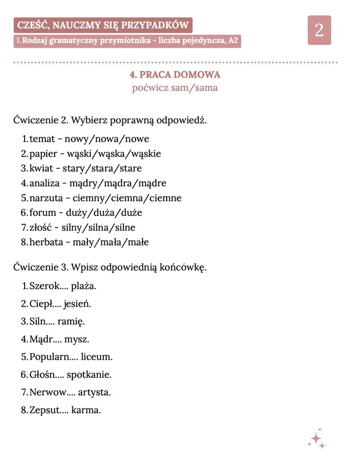 Druga strona pracy domowej z przymiotnikami. Zawiera ćwiczenia na wybór poprawnej formy (np. dla słów temat, papier, analiza, forum) oraz zadanie polegające na wpisaniu brakujących końcówek w wyrażeniach takich jak "szeroka plaża" czy "głośne spotkanie".