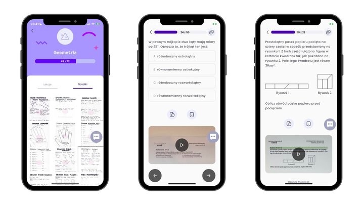 Pokazowe strony kursu z aplikacji do nauki matematyki.