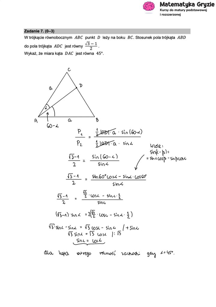 Fragment arkusza maturalnego z matematyki rozszerzonej - dowód z planimetrii, trójkąt równoboczny.