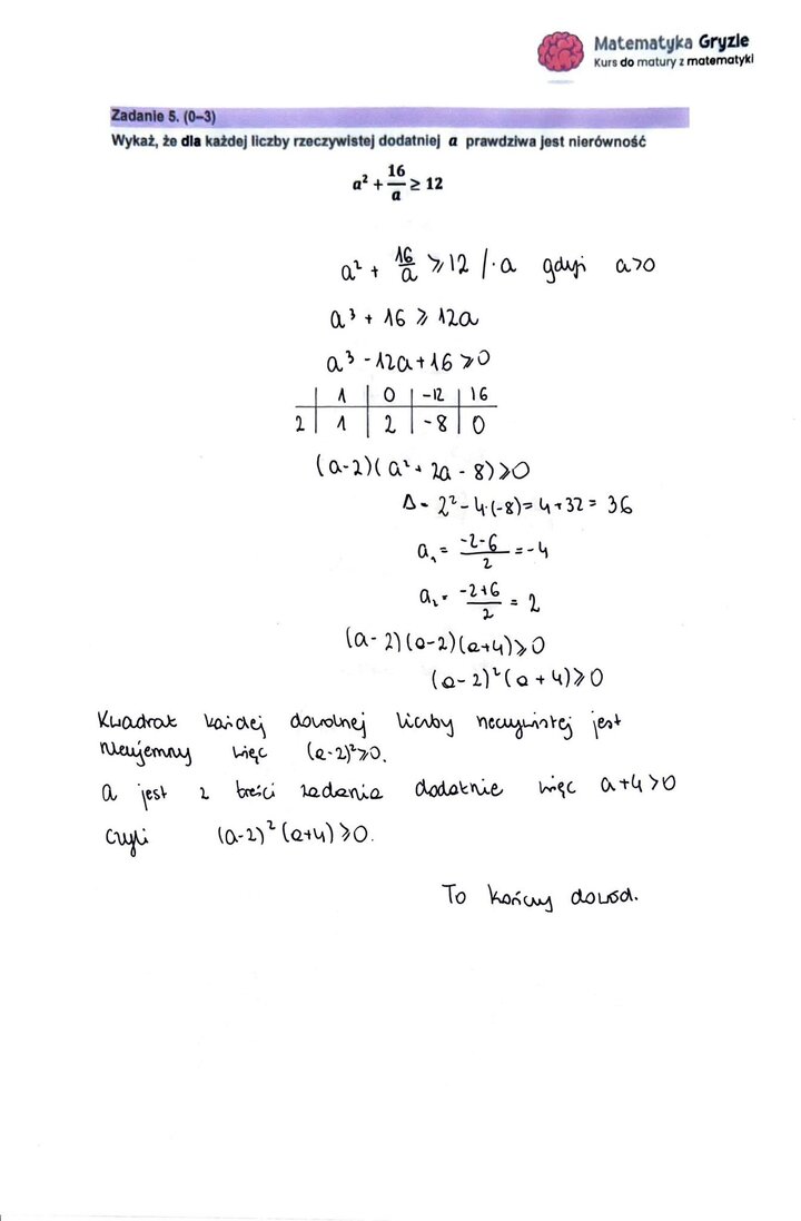 Fragment arkusza maturalnego z matematyki rozszerzonej - zadanie dowodowe z rozwiązywania nierówności.