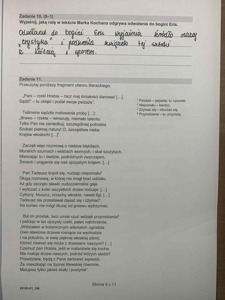 Fragment arkusza egzaminacyjnego z języka polskiego – pytania dotyczące przeczytanego tekstu.