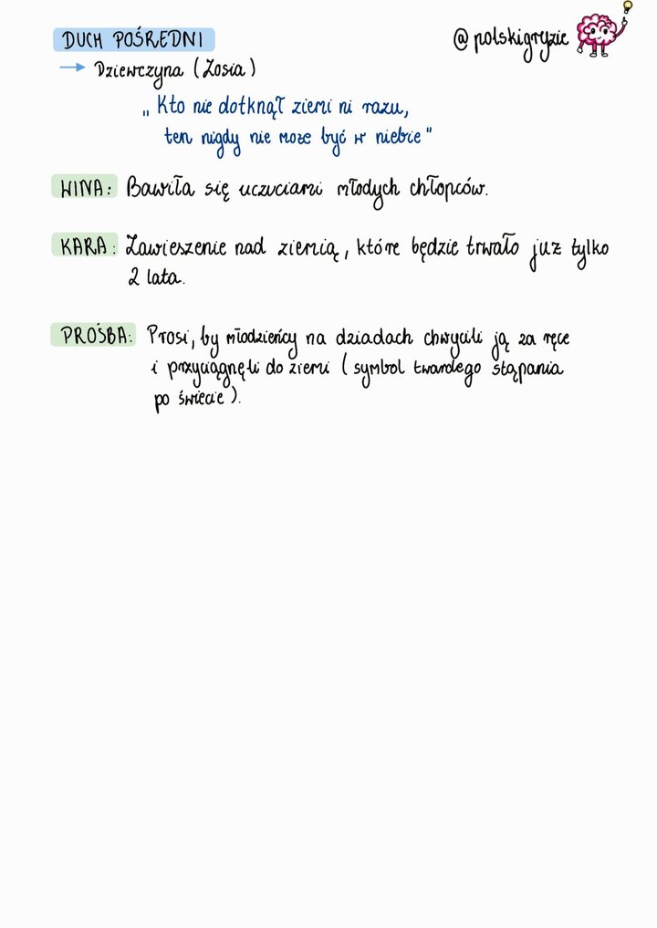 Duch pośredni Dziewczyna Zosia Dziady II Mickiewicz: wina (zabawa uczuciami chłopców, brak miłości), kara (zawieszenie nad ziemią), prośba (przyciągnięcie do ziemi); zasada moralna 'Kto nie dotknął ziemi ni razu, ten nigdy nie może być w niebie'.