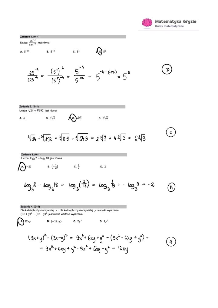 Zadanie z matematyki dotyczące obliczania potęg, pierwiastków i logarytmów.