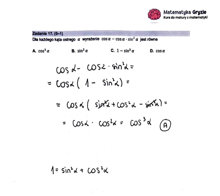 Zadanie z matury podstawowej z matematyki (17) z rozwiązanym zadaniem na upraszczanie wyrażeń trygonometrycznych.