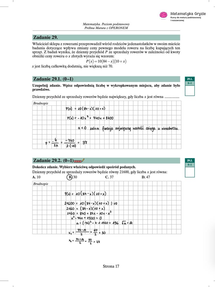 Zdjęcie kartki papieru z odręcznymi rozwiązaniami zadań z próbnego egzaminu maturalnego z matematyki Operon (poziom podstawowy). Widoczne wzory, obliczenia i zaznaczone wyniki.
