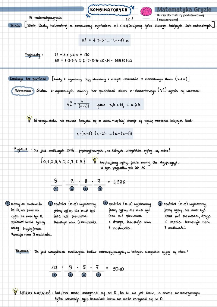 Notatka do matury z najważniejszymi wzorami i zagadnieniami z działu kombinatoryka w matematyce.