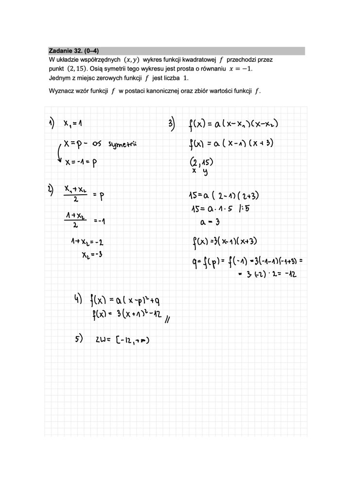 Fragment arkusza maturalnego z matematyki podstawowej - zadanie z wyznaczania wzoru funkcji w podanej postaci.