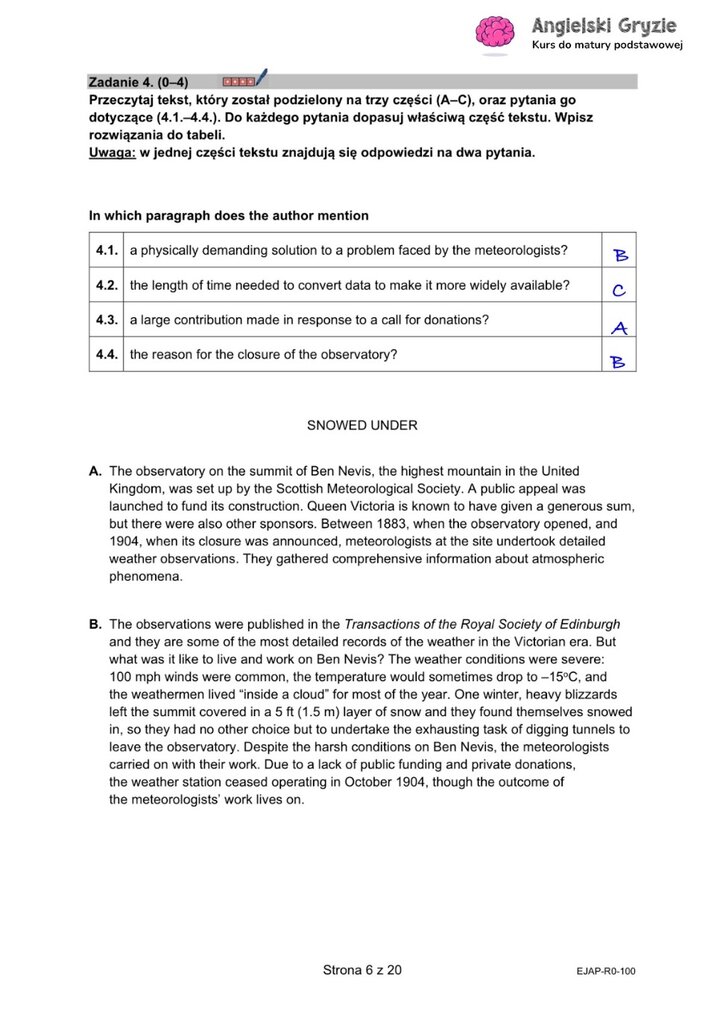 Fragment arkusza maturalnego z języka angielskiego – zadanie na dopasowywanie tekstów do odpowiednich akapitów.