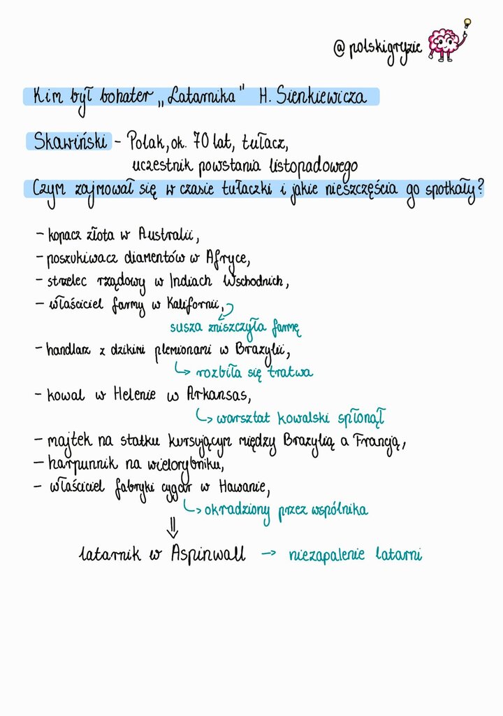 Szczegółowa charakterystyka Skawińskiego, bohatera "Latarnika" Henryka Sienkiewicza. Notatka zawiera wiek (ok. 70 lat), informację o udziale w powstaniu listopadowym oraz listę zawodów wykonywanych podczas tułaczki: kopacz złota, poszukiwacz diamentów, strzelec rządowy, kowal, harpunnik i właściciel fabryki cygar, wraz z opisem nieszczęść, które go spotkały (np. susza, pożar warsztatu, kradzież).