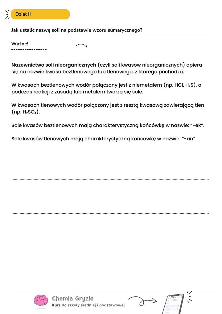 Zasady tworzenia nazw soli nieorganicznych. Grafika wyjaśnia różnicę w końcówkach nazw w zależności od rodzaju kwasu: sole kwasów beztlenowych mają końcówkę "-ek", a sole kwasów tlenowych końcówkę "-an".