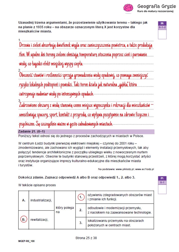 Odpowiedzi do zadań maturalnych z geografii (20-21) o urbanistyce: argumenty za terenami zielonymi i definicja rewitalizacji.