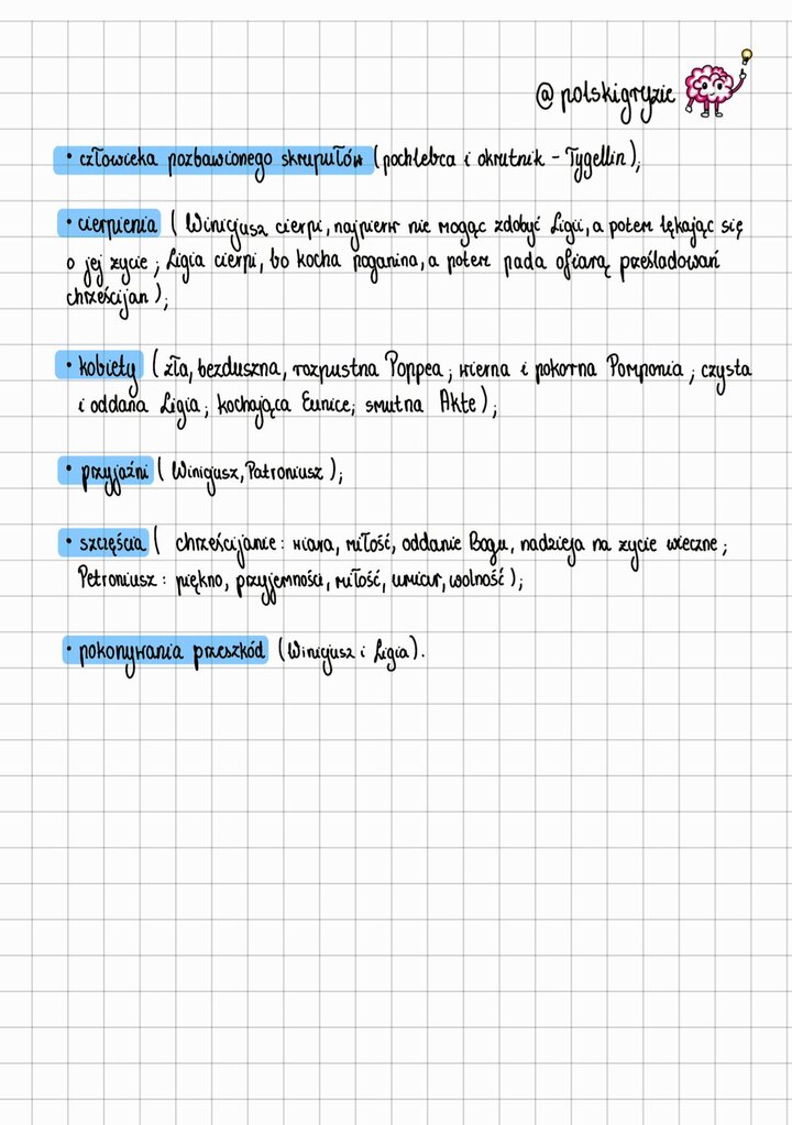 Grafika mózgu z ideą (żarówką), podsumowująca motywy cierpienia, różnych typów kobiet (Poppea, Ligia, Akte), przyjaźni (Winicjusz i Petroniusz) oraz pokonywania przeszkód w powieści 'Quo vadis'.