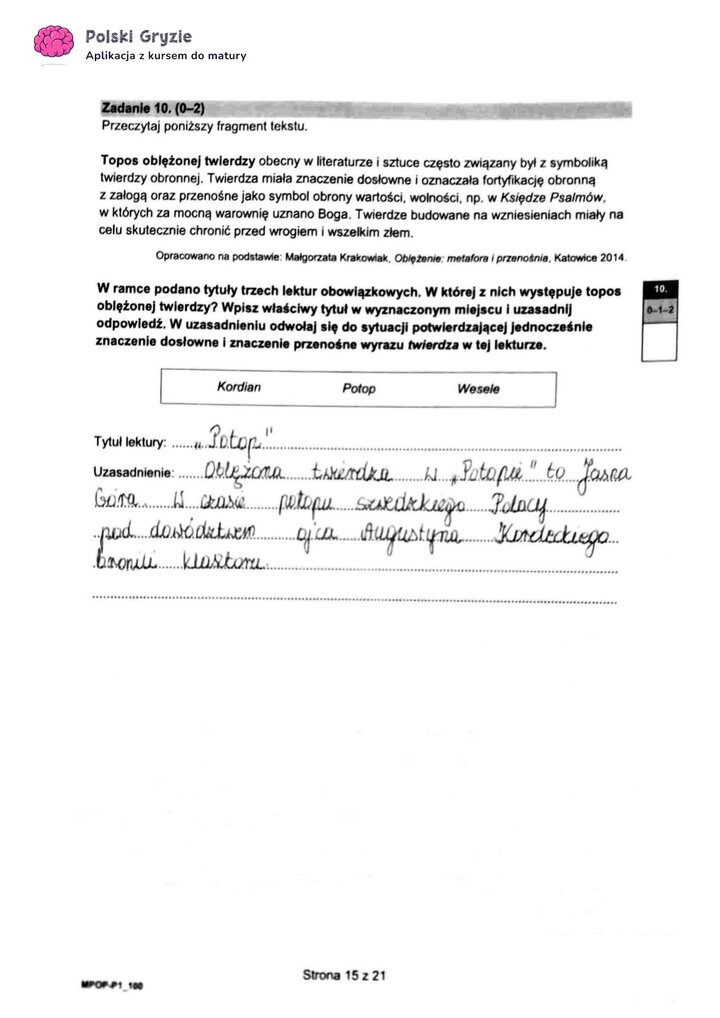 Fragment arkusza maturalnego z języka polskiego – pytania dotyczące wybranych lektur obowiązkowych.