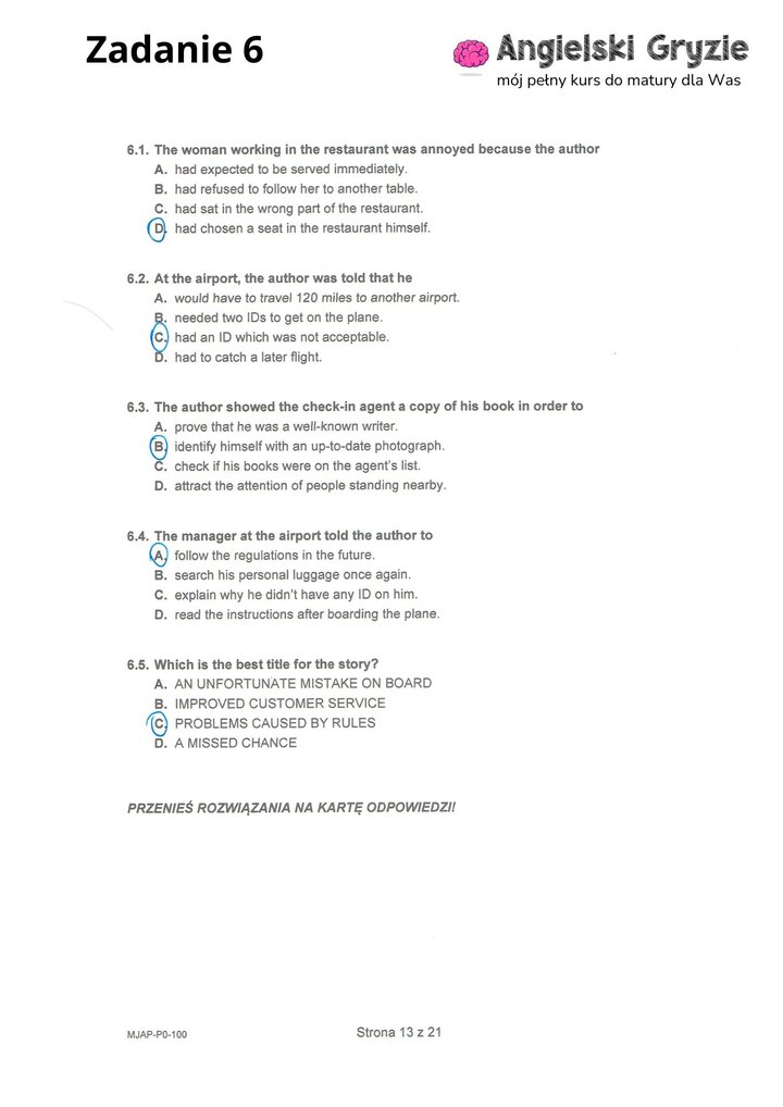 Fragment arkusza maturalnego z języka angielskiego – zadanie na rozumienie tekstu czytanego z pytaniami wielokrotnego wyboru.
