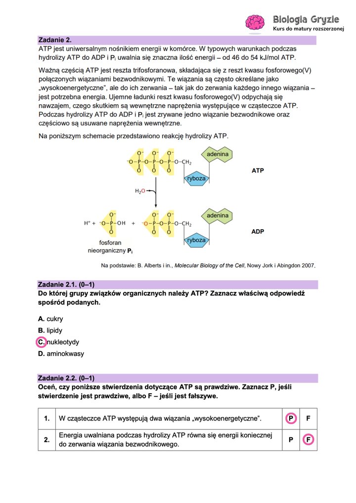 Fragment arkusza maturalnego z biologii - zadanie z schematem uniwersalnego nosika energii w komórce.