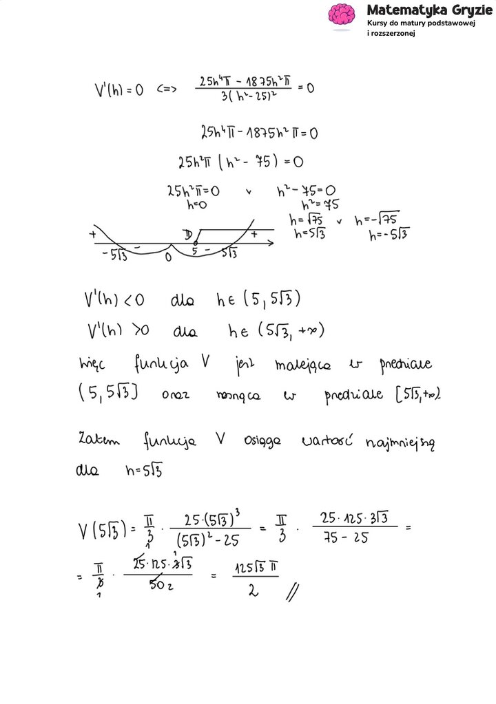 Fragment arkusza maturalnego z matematyki rozszerzonej - zadanie z optymalizacji, dowód na objętość stożka.