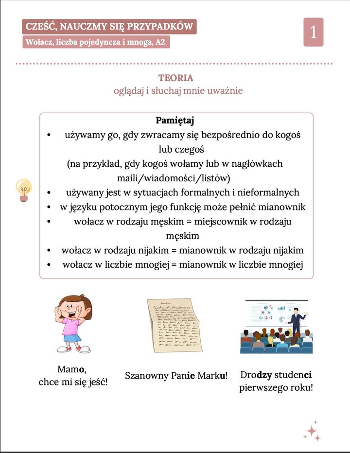 Grafika edukacyjna przedstawiająca zasady użycia wołacza w języku polskim na poziomie A2. Widoczna ilustracja listu oraz nauczyciela prezentującego wykresy. [cite_start]Tekst wyjaśnia, że wołacza używamy, zwracając się bezpośrednio do kogoś, np. w nagłówkach maili „Szanowny Panie Marku” lub zawołaniach „Mamo, chce mi się jeść”