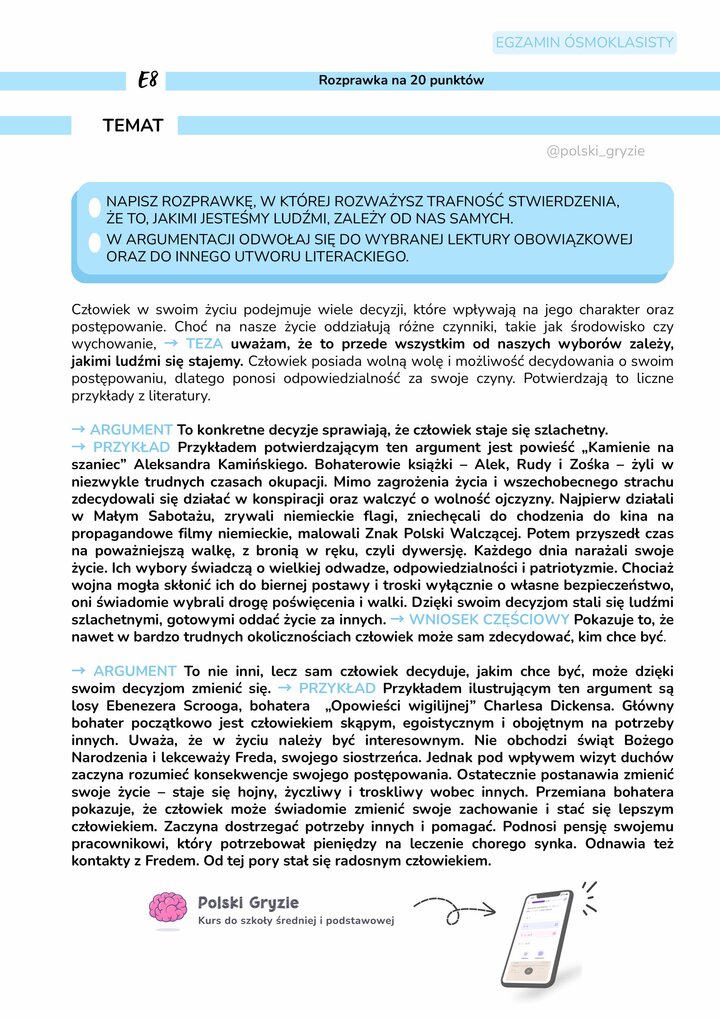 Merytoryczna część pracy, w której przedstawiasz argumentację. Każdy argument powinien być poparty przykładem (np. z literatury, filmu lub historii) oraz krótkim wnioskiem cząstkowym.
