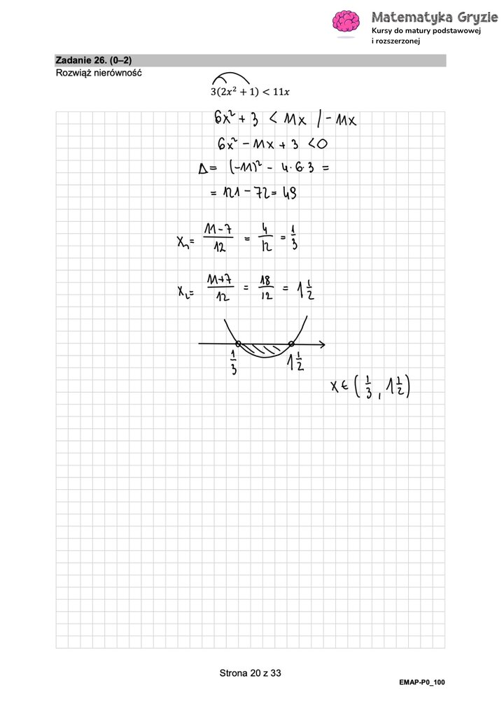 Fragment arkusza maturalnego  z matematyki podstawowej - zadanie z rozwiązywania nierówności kwadratowej.