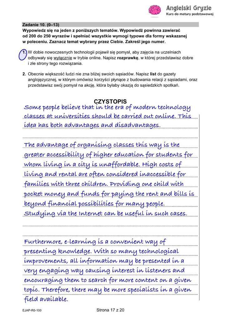 Fragment arkusza maturalnego z języka angielskiego – wybrana wypowiedź pisemna. 