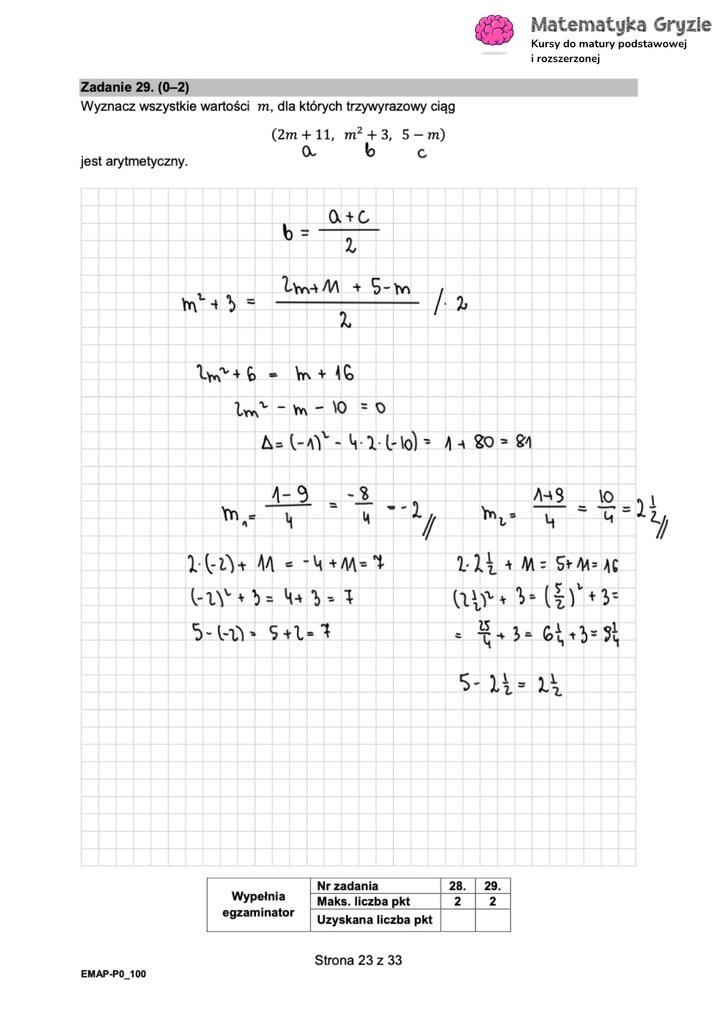 Fragment arkusza maturalnego  z matematyki podstawowej - zadanie z wyznaczaniem wszystkich wartości parametru m.