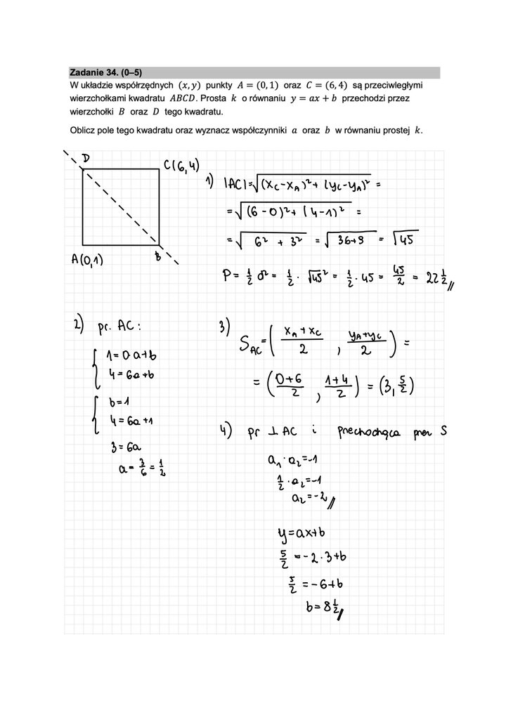 Fragment arkusza maturalnego z matematyki podstawowej - zadanie z geometrii analitycznej, obliczanie pola kwadratu oraz współczynników prostej.