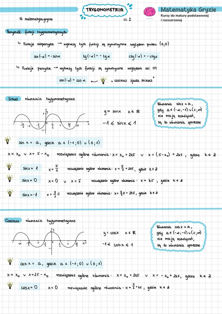 Notatka maturalna z trygonometrii przedstawiająca najważniejsze własności trygonometryczne, zdjęcie zawiera najważniejsze wzory i informacje z działu.