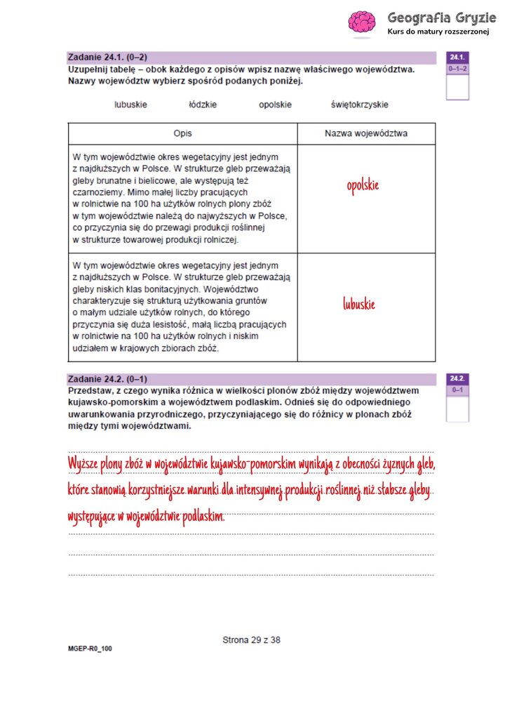 Odpowiedzi do zadania maturalnego z geografii (24.1-24.2) na podstawie map rolnictwa Polski, z opisem województw i analizą przyczyn różnic w plonach zbóż.