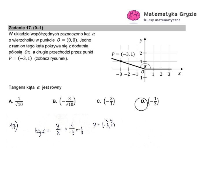 Fragment arkusza maturalnego z matematyki podstawowej - wyznaczanie wartości funkcji trygonometrycznej na podstawie układu współrzędnych.