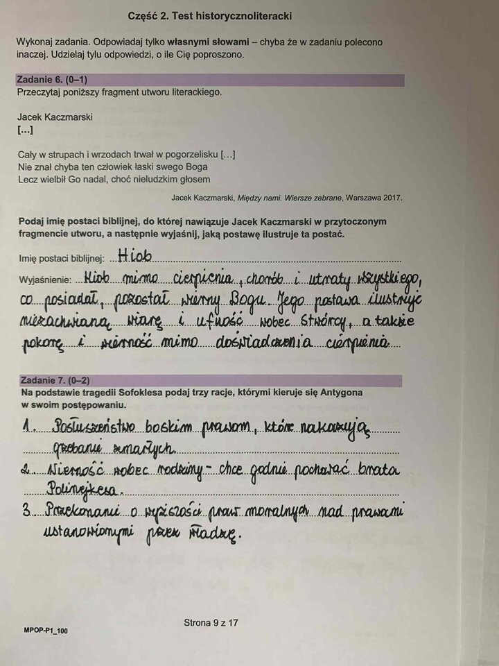 Fragment arkusza egzaminacyjnego z języka polskiego – pytania dotyczące wybranych lektur obowiązkowych.