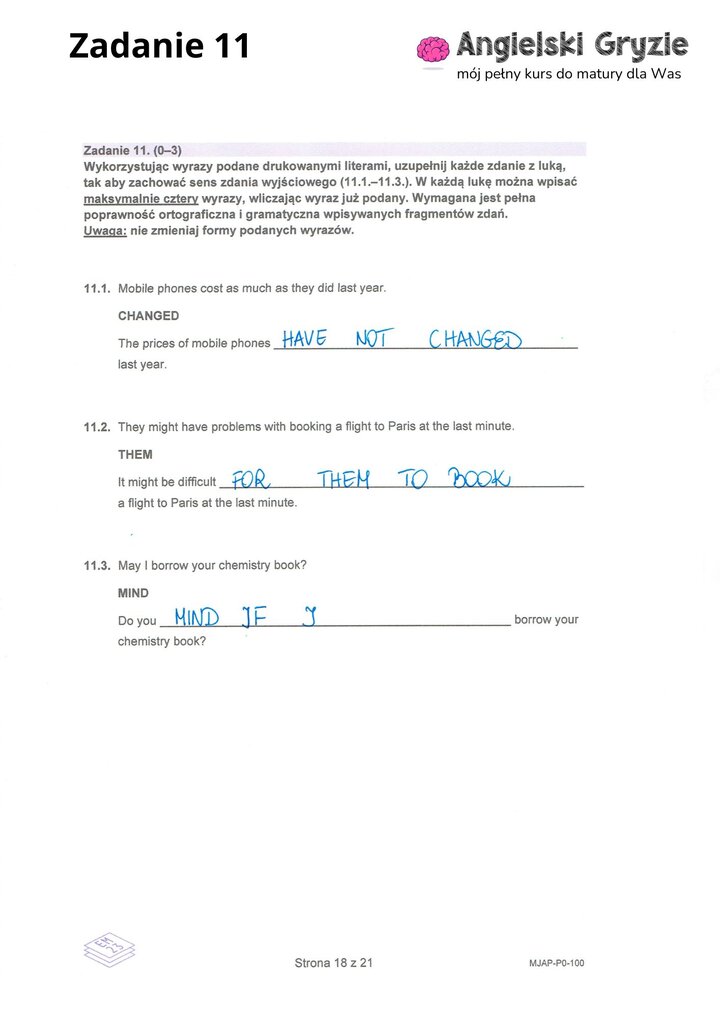 Fragment arkusza maturalnego z języka angielskiego – zadanie z gramatyki do uzupełnienia samodzielnie.