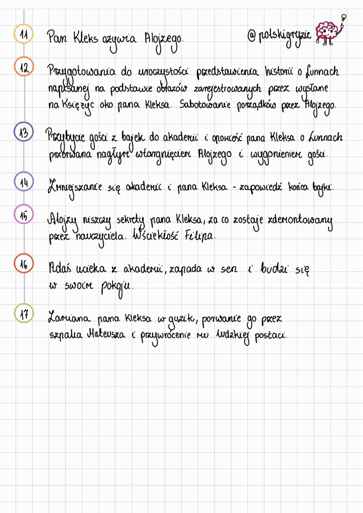 Oś czasu Akademia pana Kleksa streszczenie część 2, wydarzenia 11-17: Ożywienie lalki Alojzego, przygotowania do opowieści o Lunnatykach, sabotowanie porządków przez Alojzego i wygnanie gości z bajek, zmniejszanie się Akademii i Pana Kleksa, zniszczenie sekretów Kleksa przez Alojzego, ucieczka Adasia i przemiana Pana Kleksa w guzik.