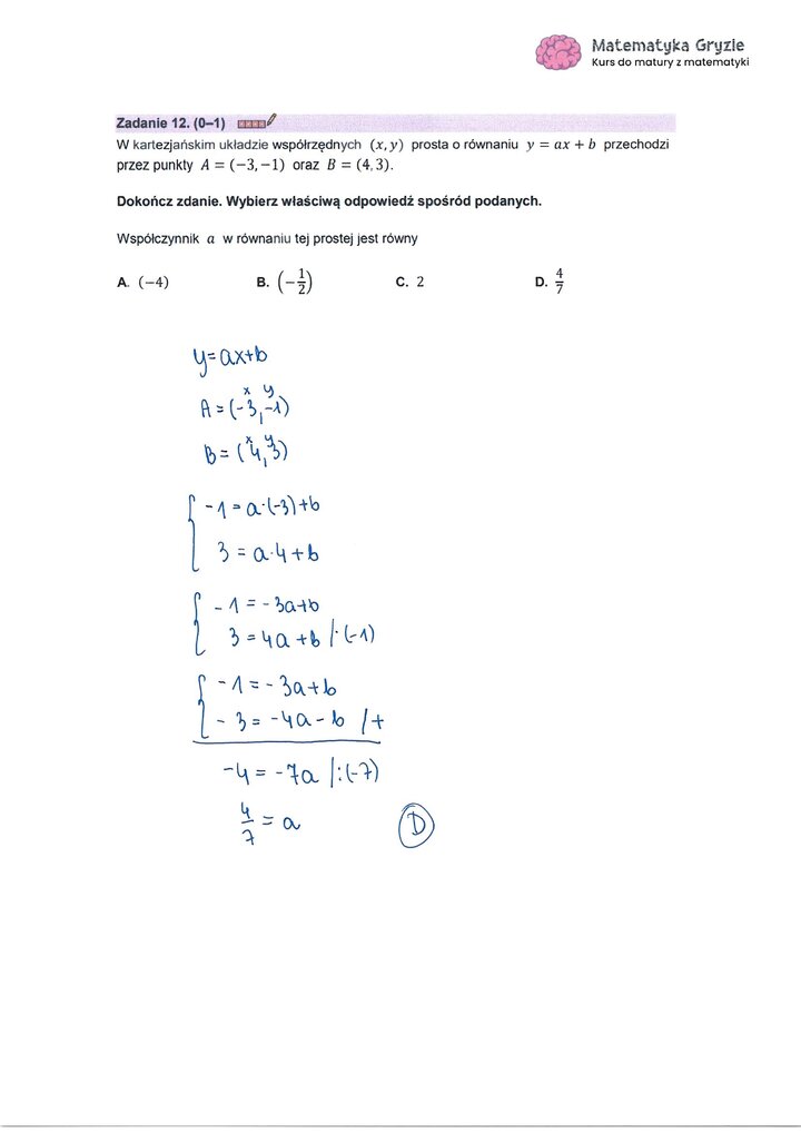 Zadanie z matury z matematyki (12) z rozwiązanym zadaniem na wyznaczanie współczynnika kierunkowego prostej przechodzącej przez dwa punkty.