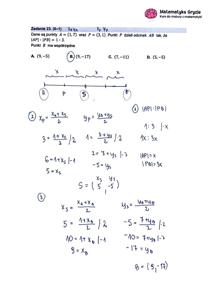 Zadanie z matury podstawowej z matematyki (23) z rozwiązaniem zadania na wyznaczenie współrzędnych końca odcinka na podstawie punktu podziału.