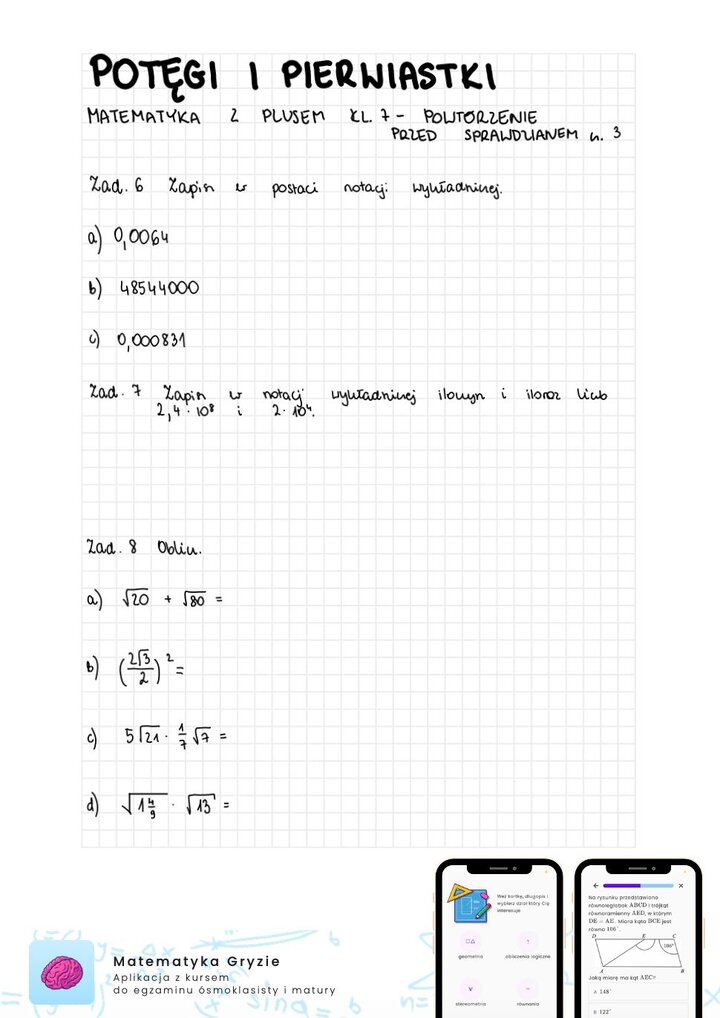 Zadania na sprawdzian GWO matematyka z plusem klasa 7 - potęgi i pierwiastki